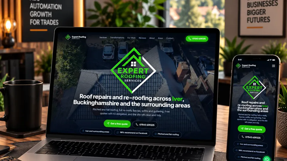 The Expert Roofing Services website on a laptop and a phone