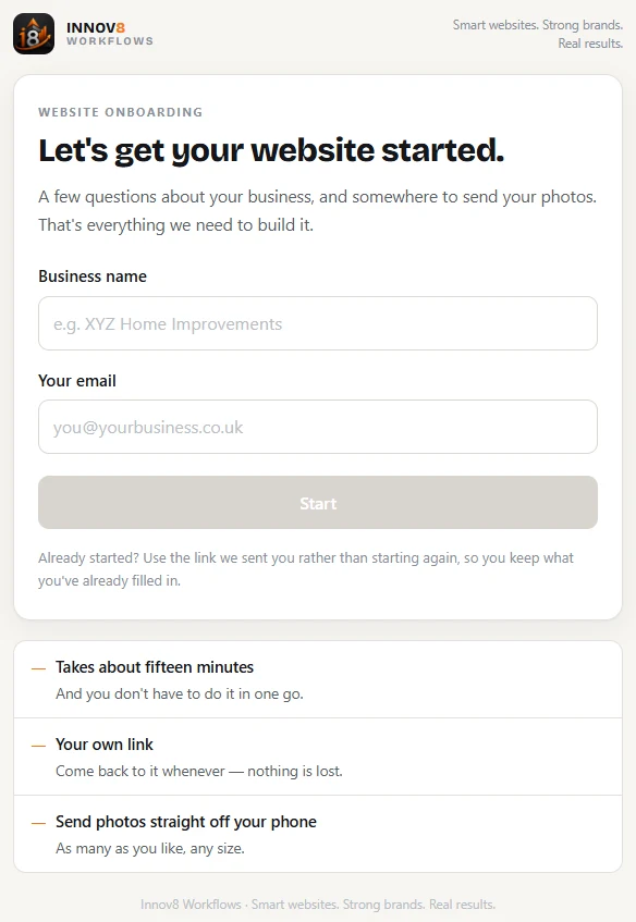 The Innov8 Workflows website onboarding form