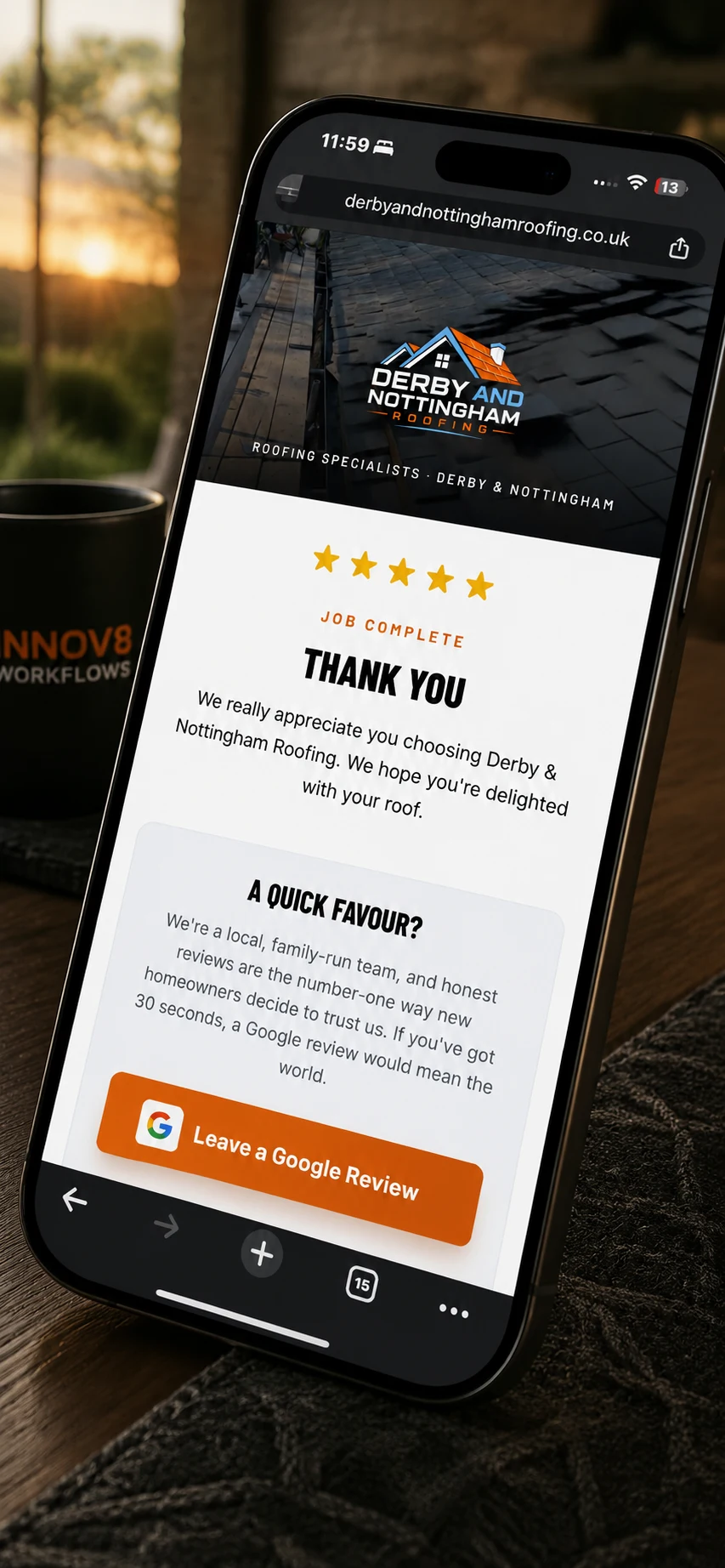 Derby & Nottingham Roofing review-capture page on a phone