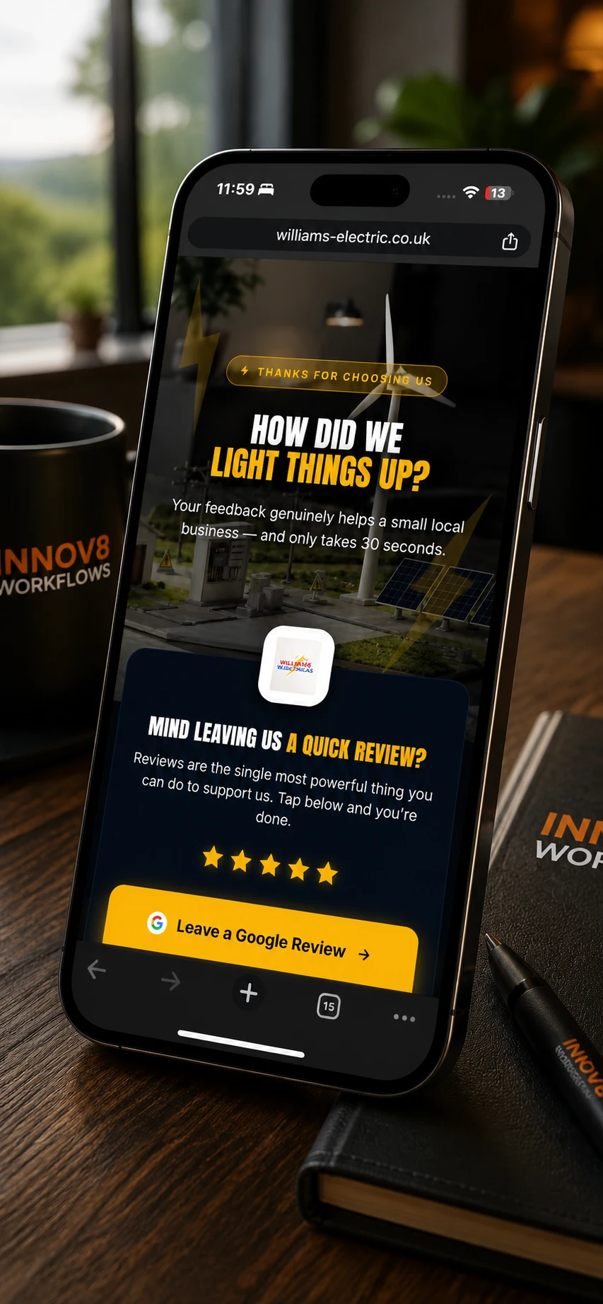 Williams Electrical Google review landing page on a phone