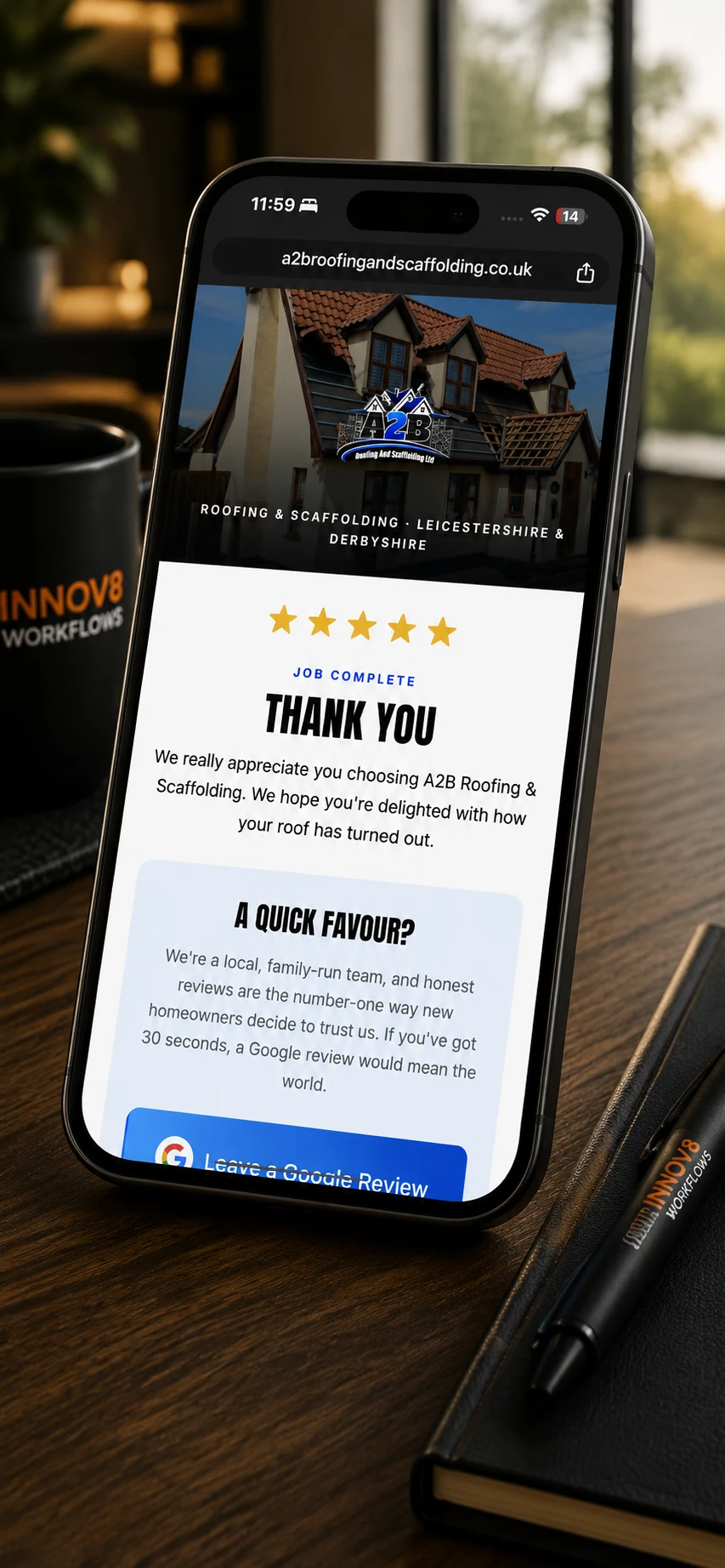 A2B Roofing & Scaffolding review-capture page on a phone