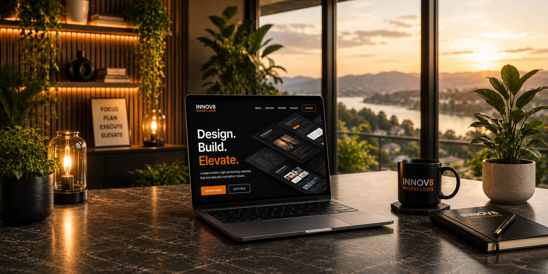 A modern Innov8 Workflows website shown on a laptop in a home office at sunset